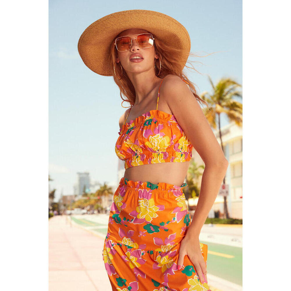 Lulus Set For Paradise Orange Tropical Print Tie-strap Crop Top - Size XS